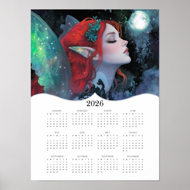 2026 Röd Grönt Fairy Fantasy Fullt Year Calendar Poster (Framsidan)