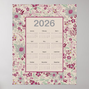 2026 Rosa Grått Blommigt Mönsterkalender Poster