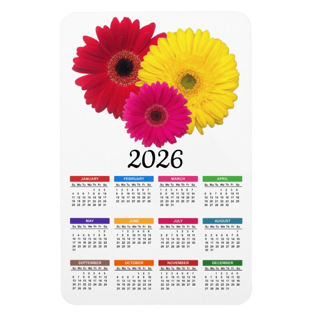 2026 Rosa Gult Red Gerbera Daisy Calendar Magnet (Vertikal)