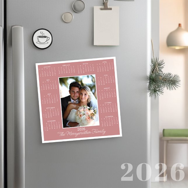 2026 Rosa-Helgdag för fotomagnetisk kalender (2026 Rose Pink Photo Magnetic Calendar Holiday Card)