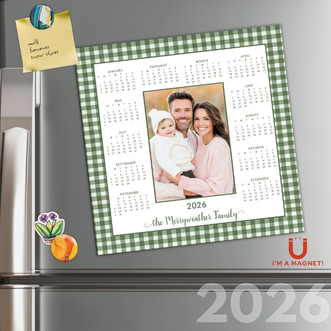 2026 Rustic Grönt Gingham Photo Magnetic Calendar (2026 Rustic Sage Green Gingham Photo Magnetic Calendar #cottagecore)