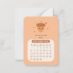 2026 September Månad Kawaii Motiverande Kalender Anteckningskort