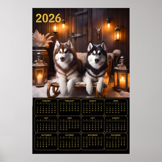 2026 Siberian Huskies on Sled Calendar Poster (Framsidan)