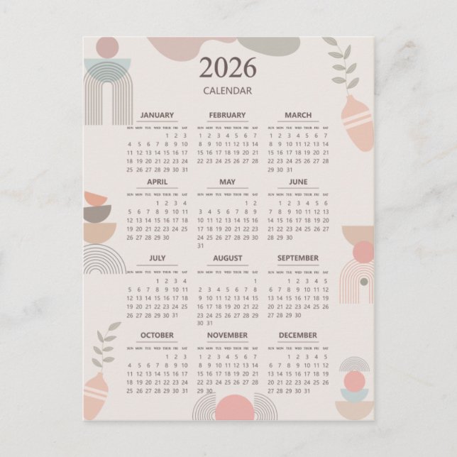 2026 Skandinavisk Kalender Boho Estetik Beige Vykort (Framsida)