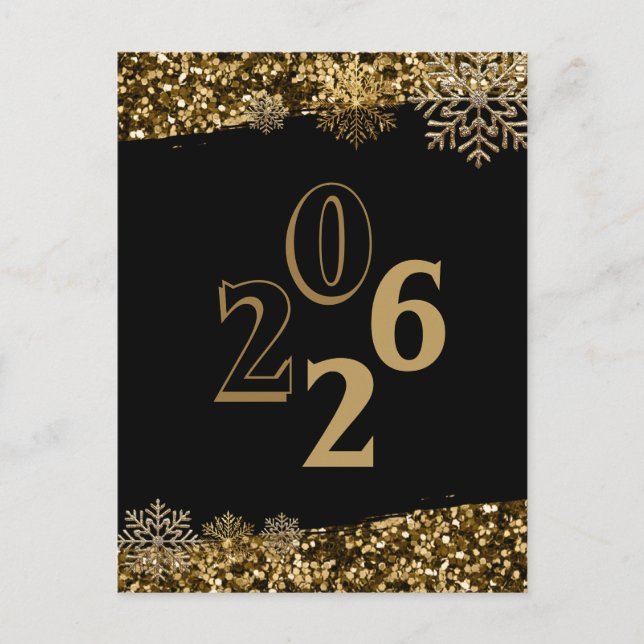 2026 Svart Guld Glitter Snöflinga Nyår  Vykort (Framsida)