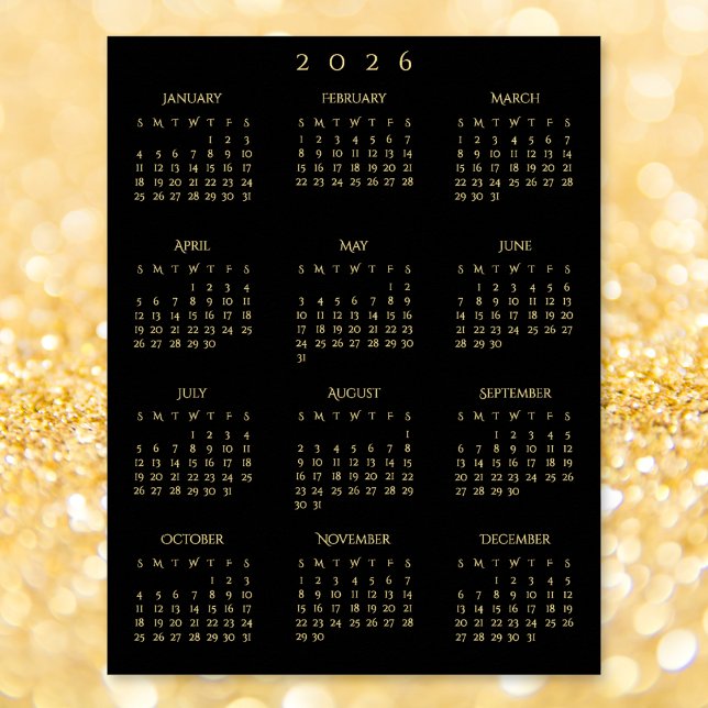2026 Svart Guld Heldags Hemmakontorskalender Poster (2026 Black Gold Full Year Home Office Calendar Poster)