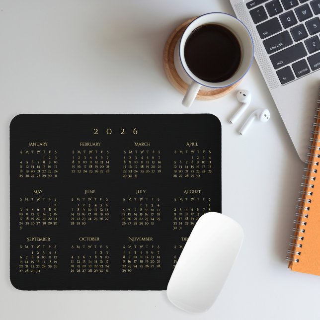 2026 Svart Guld Heldig Kalender för Hemmet Kontore Musmatta (2026 Black Gold Full Year Calendar Home Office Mouse Pad)