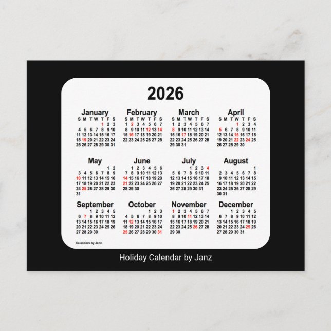 2026 Svart Holiday Mini Kalender av Janz Helg Vykort (Framsida)