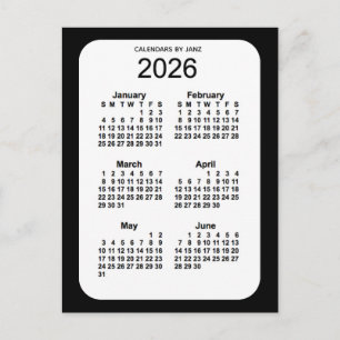 2026 Svarta 6-månaders mini-kalender från Janz Vykort