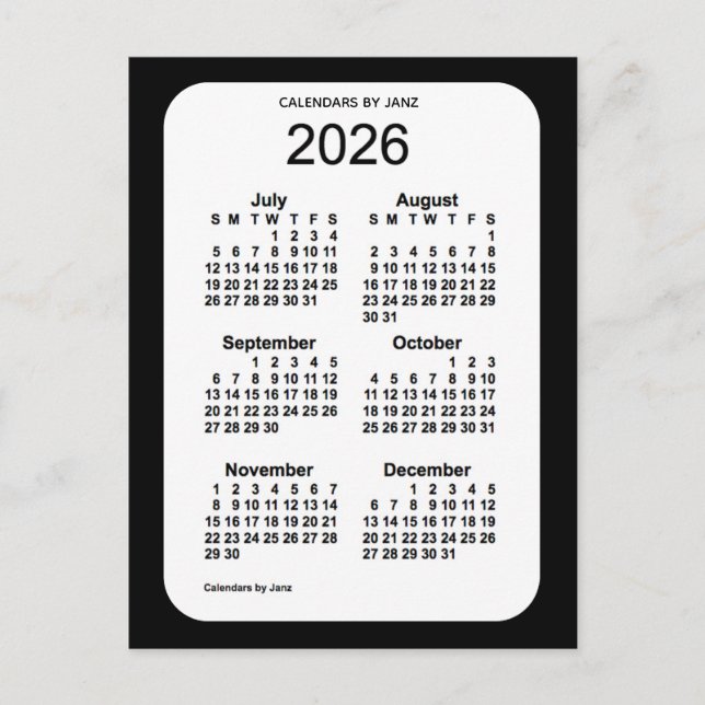 2026 Svarta 6-månaders mini-kalender från Janz Vykort (Framsida)