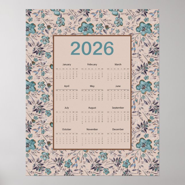 2026 Teal Flowers Calendar Poster (Framsidan)