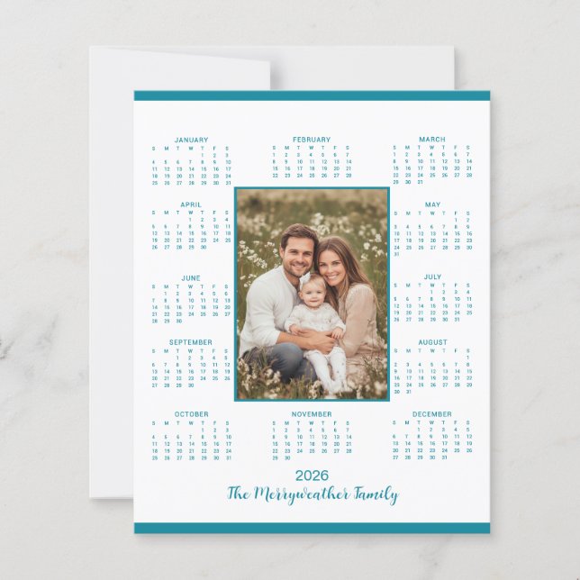 2026 Tealblå Fotokalender Semesterkort (Framsida)