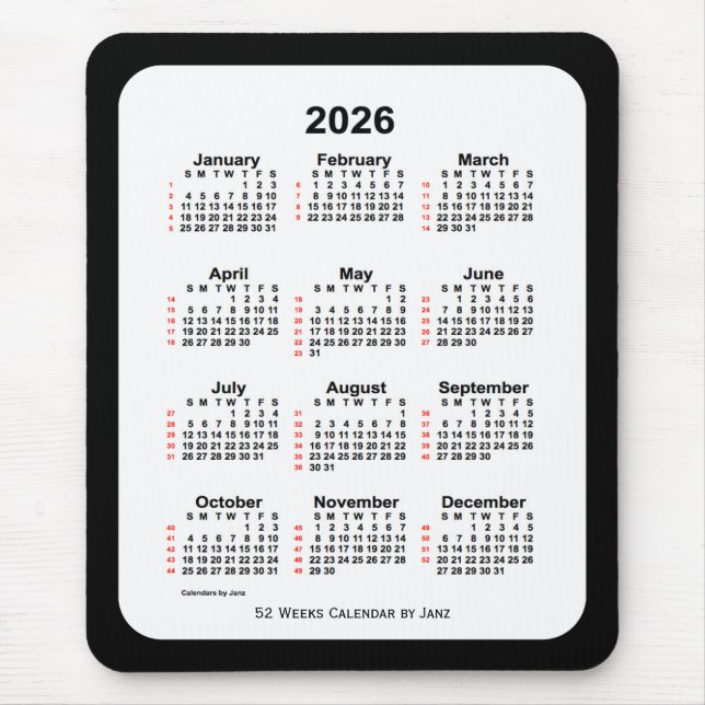 2026 Tone Black 52 Week-kalender från Janz Musmatta (Framsidan)