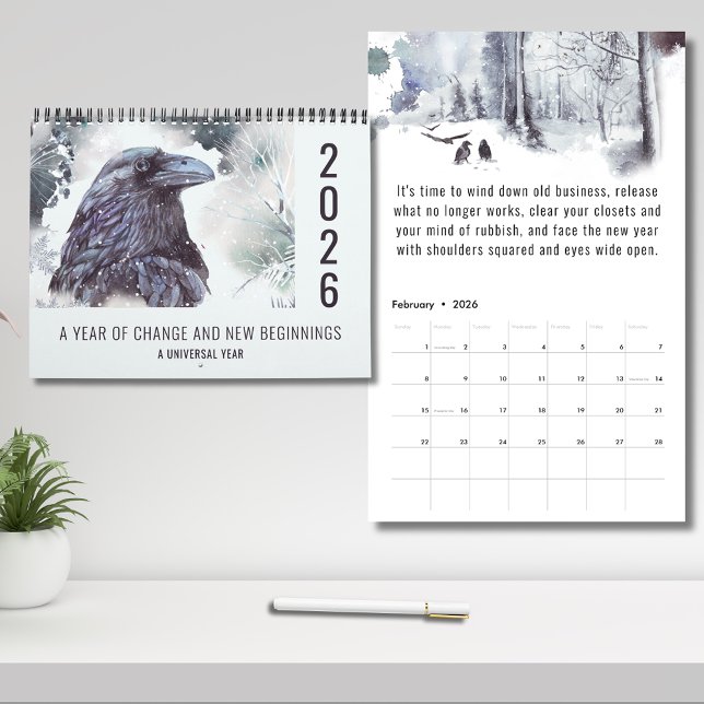 2026 Universellt år för förändringsmotivation Kalender (2026-A Year of Change and New Beginnings 12 Month Calendar - Displaying the cover and February)