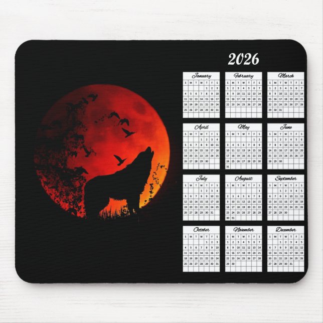2026 Varg Silhouette och Blood Måne Calendar Musmatta (Framsidan)