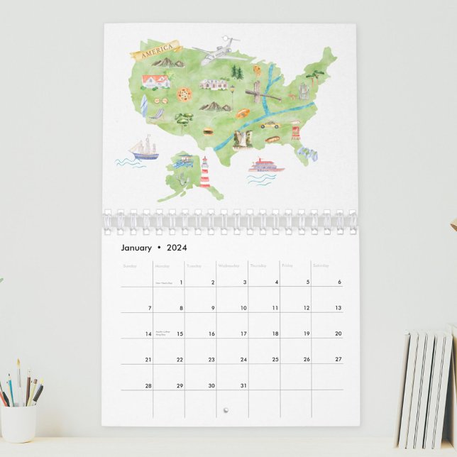 2026 Vattenfärgsfärgen Land i World Maps Travel Kalender (In situ)