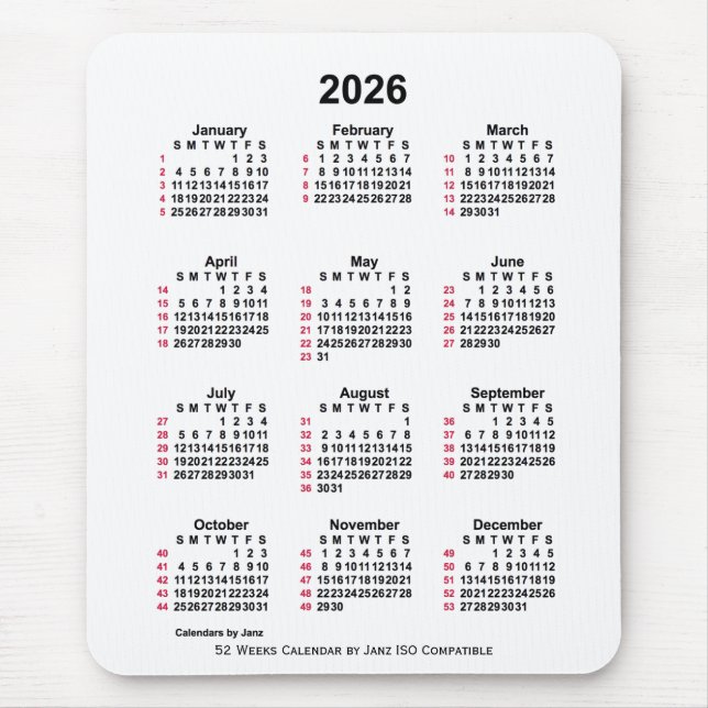 2026 Vit 52 veckor ISO-kalender från Janz Musmatta (Framsidan)