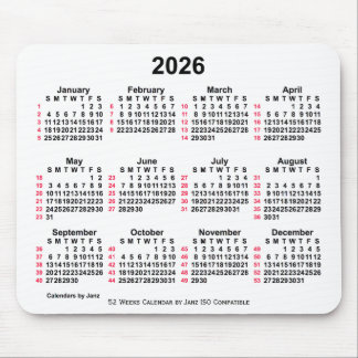 2026 Vit 52 veckor ISO-kalender från Janz Musmatta