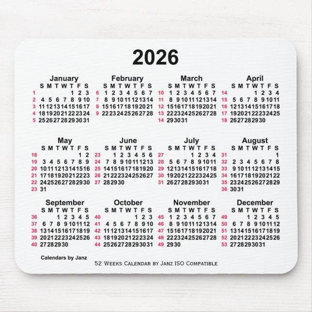2026 Vit 52 veckor ISO-kalender från Janz Musmatta (Framsidan)