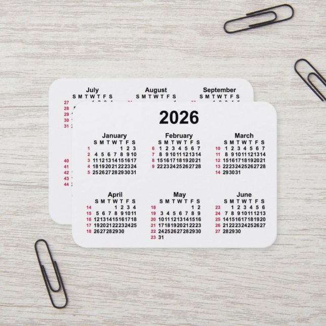 2026 Vit 52-veckors ISO-kalender från Janz Visitkort (Fram/Back In Situ)
