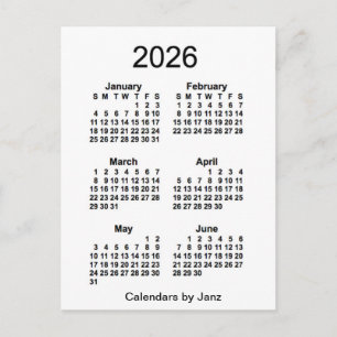 2026 Vit 6 månaders mini-kalender av Janz Vykort