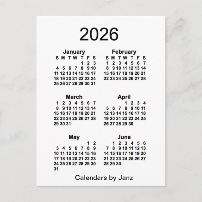 2026 Vit 6 månaders mini-kalender av Janz Vykort (Framsida)