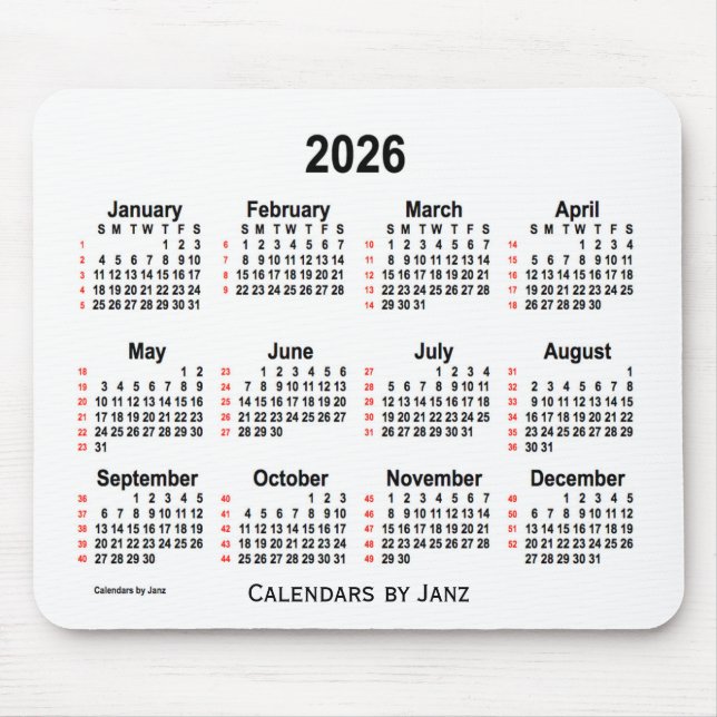 2026 Vit kalender 52 veckor från Janz Musmatta (Framsidan)