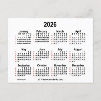 2026 Vit kalender 52 veckor från Janz Vykort