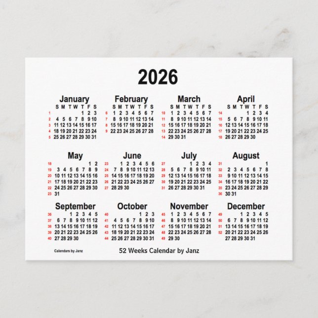2026 Vit kalender 52 veckor från Janz Vykort (Framsida)