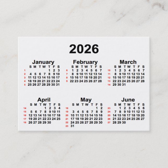 2026 Vit kalender för 52 veckor från Janz Affärsko Visitkort (Framsida)