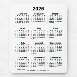2026 Vit kalender för 52 veckor från Janz Musmatta
