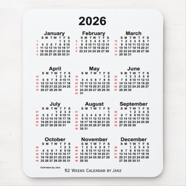 2026 Vit kalender för 52 veckor från Janz Musmatta (Framsidan)
