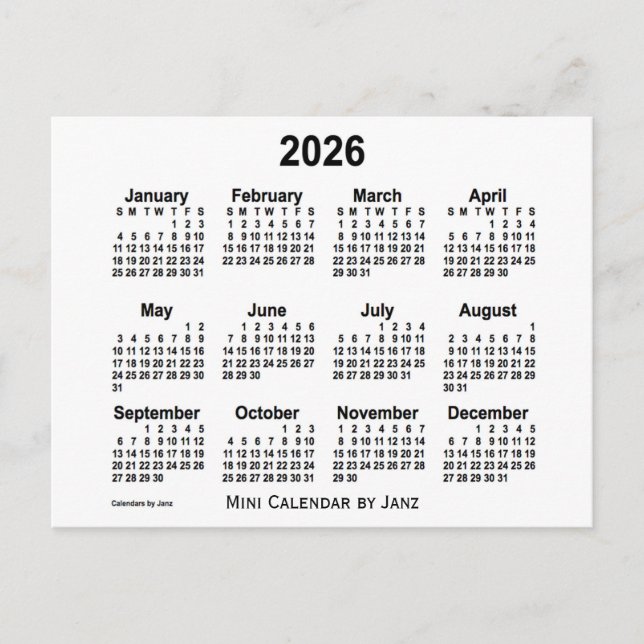 2026 Vit Mini Kalender av Janz Vykort (Framsida)