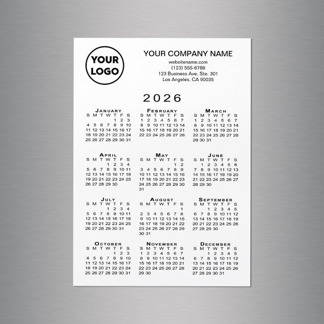 2026-vitnätskort för Logotyp i kalendern (2026 Calendar Business Logo Text White Magnet Card, in situ)
