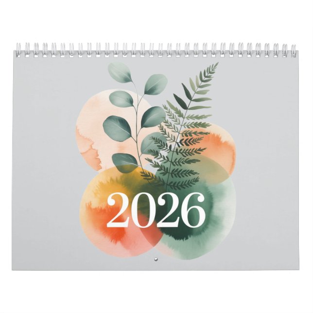 2026 Watercolor Botanical Calendar – Elegant Minim Kalender (Omslag)