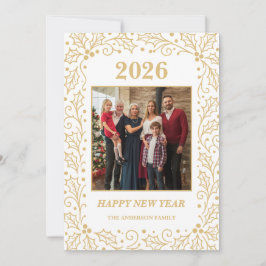 2026 White & Antique-Gold Family New Year Photo Julkort