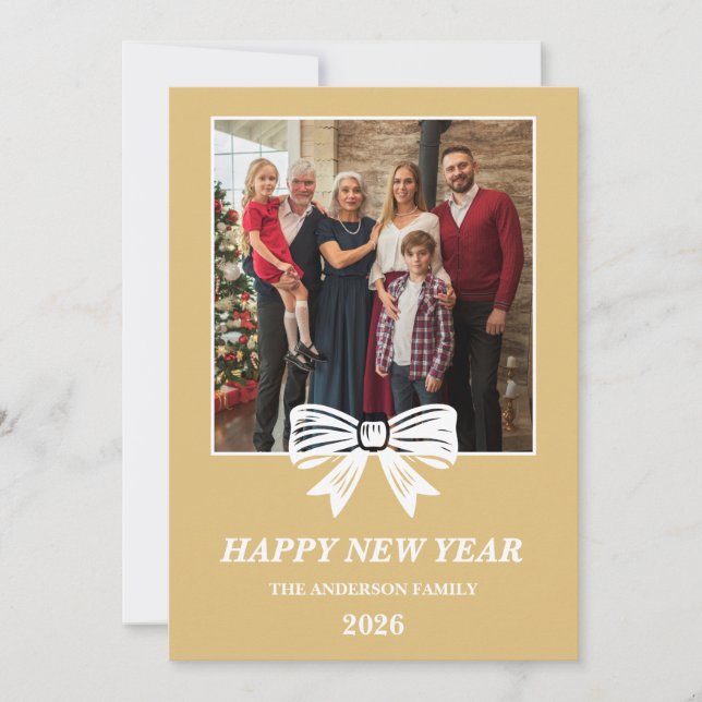 2026 White & Gold Bow Family New Year Photo Julkort (Framsida)