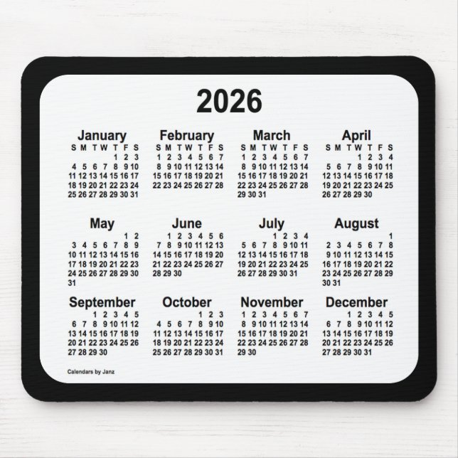 2026 White on Black Calendar från Janz Two Tone Musmatta (Framsidan)