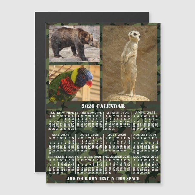 2026 Year Calendar Camouflage Add 3 Custom Photos Magnetisk Inbjudningskort (Fram/baksida)