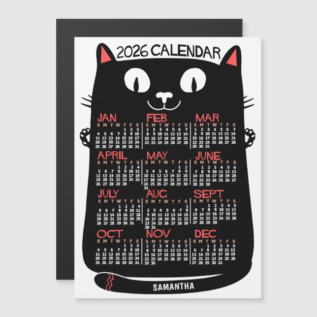 2026 Year Calendar Mid-Century Black Cat Monthly Magnetisk Inbjudningskort (Fram/baksida)