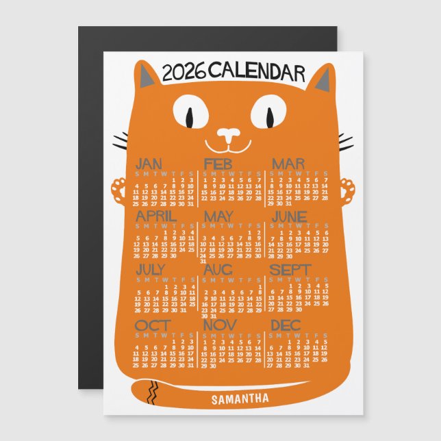 2026 Year Calendar Mid-Century Orange Cat Monthly Magnetisk Inbjudningskort (Fram/baksida)