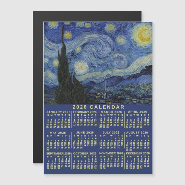 2026 Year Calendar Starry Night or Custom Photo Magnetisk Inbjudningskort (Fram/baksida)