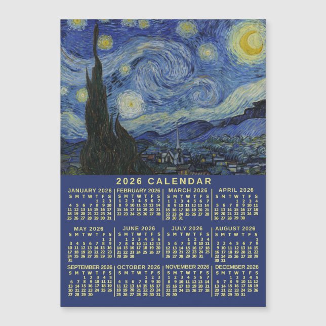 2026 Year Calendar Starry Night or Photo Magnet (Framsida)
