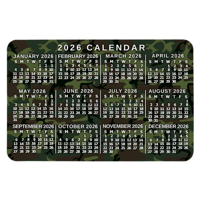 2026 Year Monthly Calendar Camouflage Camo Green Magnet (Horisontell)