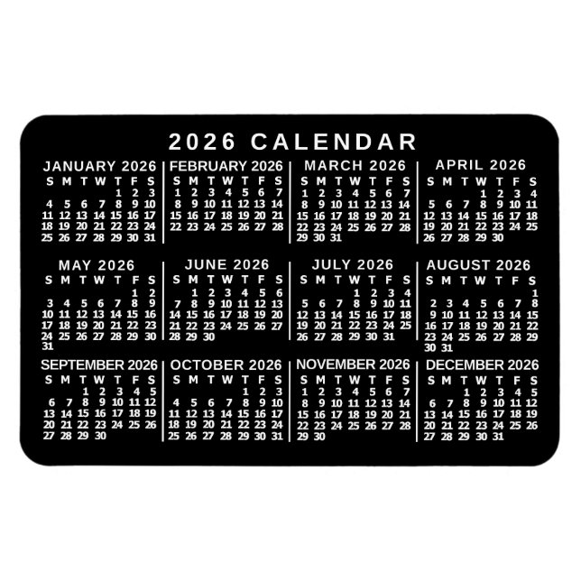 2026 Year Monthly Calendar Classic Black and White Magnet (Horisontell)