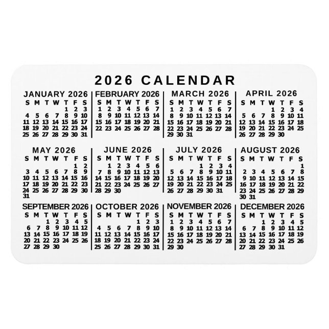 2026 Year Monthly Calendar Classic White and Black Magnet (Horisontell)