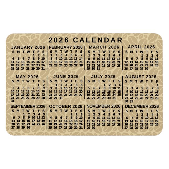2026 Year Monthly Calendar Light Coffee Beans Magnet (Horisontell)