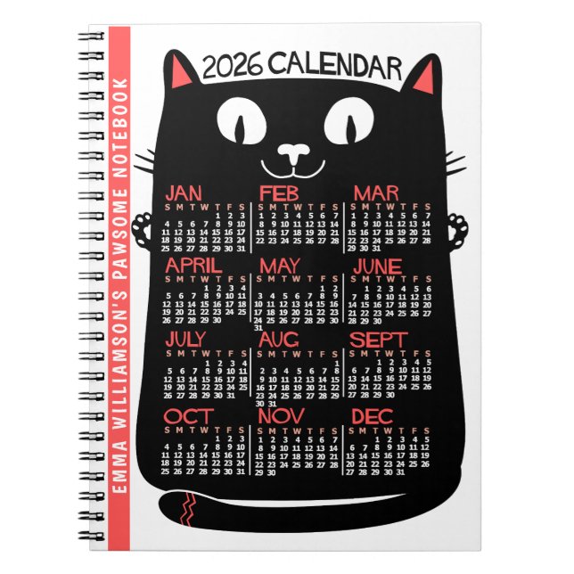 2026 Year Monthly Calendar Mid-Century Black Cat Anteckningsbok (Framsidan)