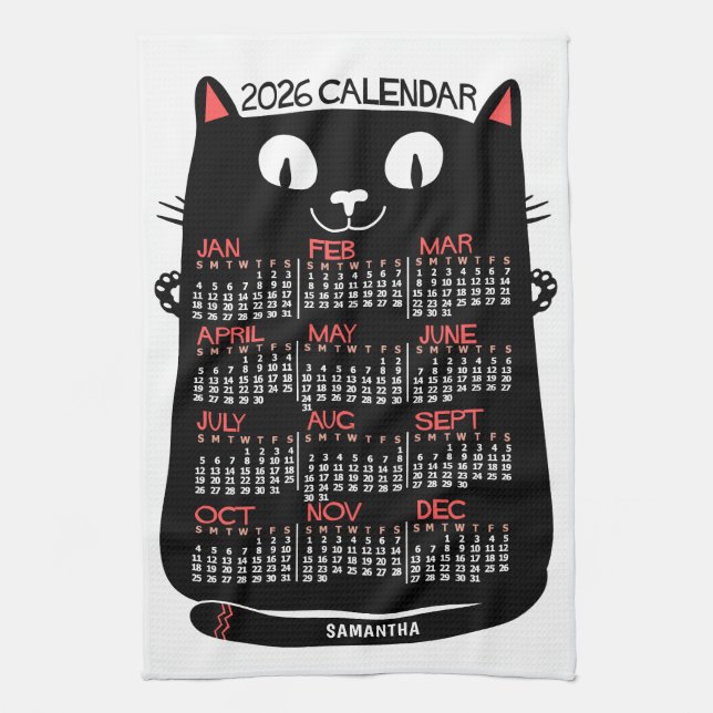 2026 Year Monthly Calendar Mid-Century Black Cat Kökshandduk (Vertikal)