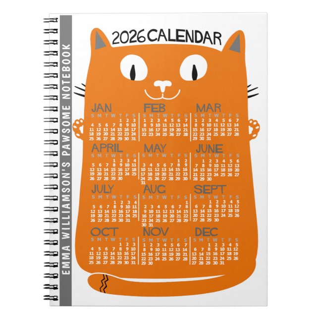 2026 Year Monthly Calendar Mid-Century Orange Cat Anteckningsbok (Framsidan)